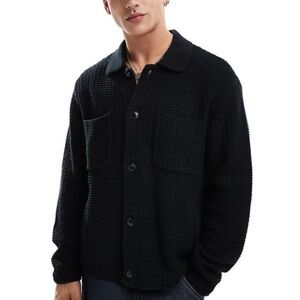 Abercrombie & Fitch Black/Navy Blue Cropped Knit Shirt Jacket Size Large